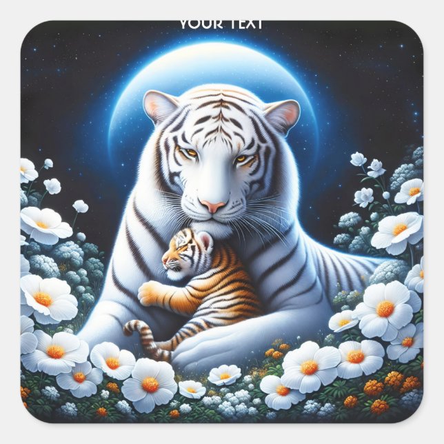 Fantasy Niedlich Mama Baby Tigers Quadratischer Aufkleber (Vorderseite)