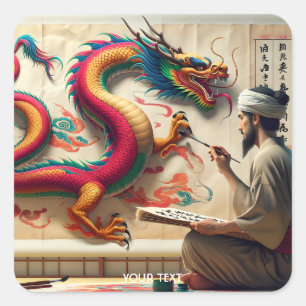 Fantasy Niedlich Man Brush Dragon Quadratischer Aufkleber