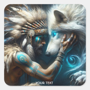 Fantasy Niedlich Man Hugging Wolf Quadratischer Aufkleber