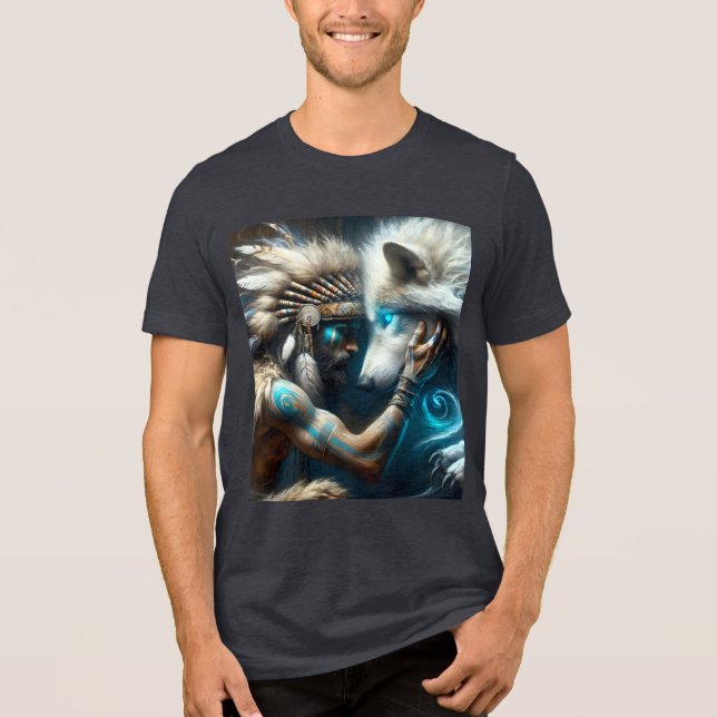 Fantasy Niedlich Man Hugging Wolf Tri-Blend Shirt (Vorderseite)