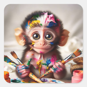 Fantasy Niedlich Monkey Brush Paints Quadratischer Aufkleber