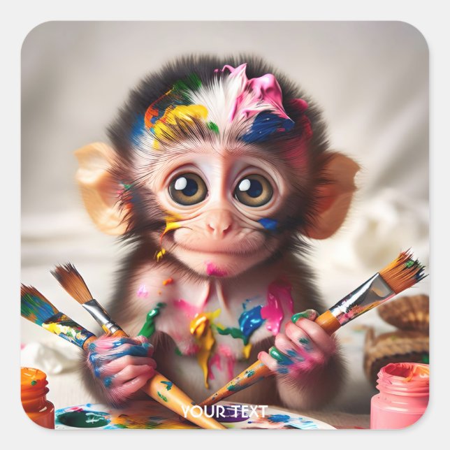 Fantasy Niedlich Monkey Brush Paints Quadratischer Aufkleber (Vorderseite)