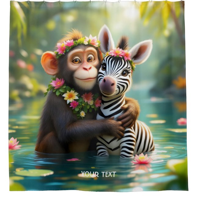 Fantasy Niedlich Monkey Zebra Hug Duschvorhang (Vorderseite)