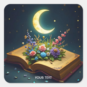Fantasy Niedlich Moon Book Blume Quadratischer Aufkleber