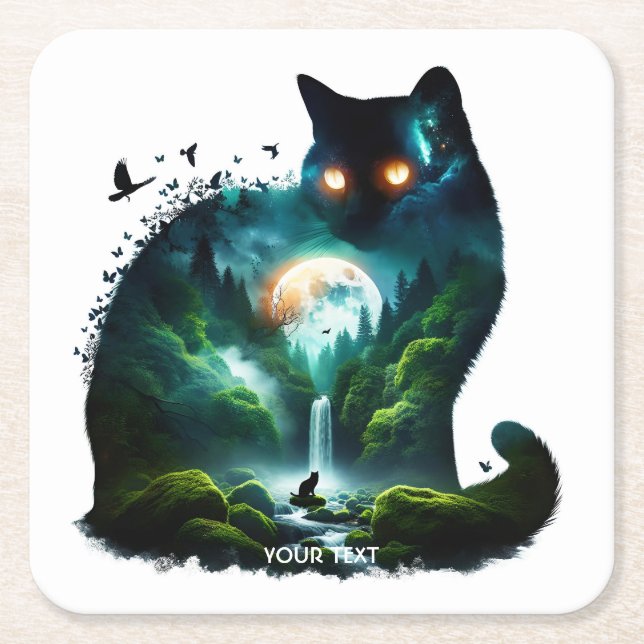Fantasy Niedlich Moon Waterfall Cat Rechteckiger Pappuntersetzer (Vorderseite)