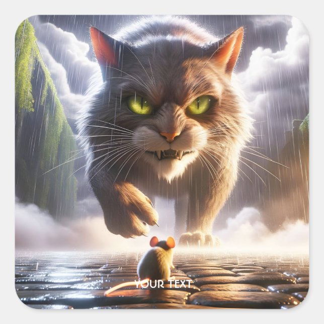 Fantasy Niedlich Mouse and Cat Quadratischer Aufkleber (Vorderseite)