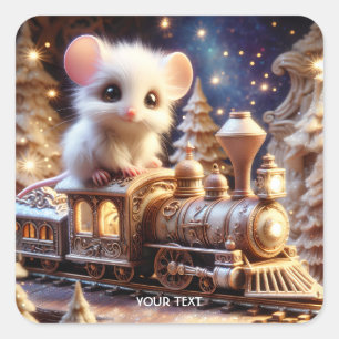 Fantasy Niedlich Mouse Whimsical Train Quadratischer Aufkleber