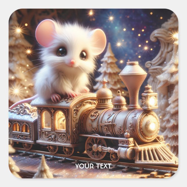 Fantasy Niedlich Mouse Whimsical Train Quadratischer Aufkleber (Vorderseite)