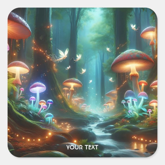 Fantasy Niedlich Mushroom Forest Night Quadratischer Aufkleber (Vorderseite)