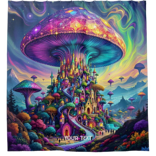 Fantasy Niedlich Mushroom Rainbow Skies Duschvorhang (Vorderseite)