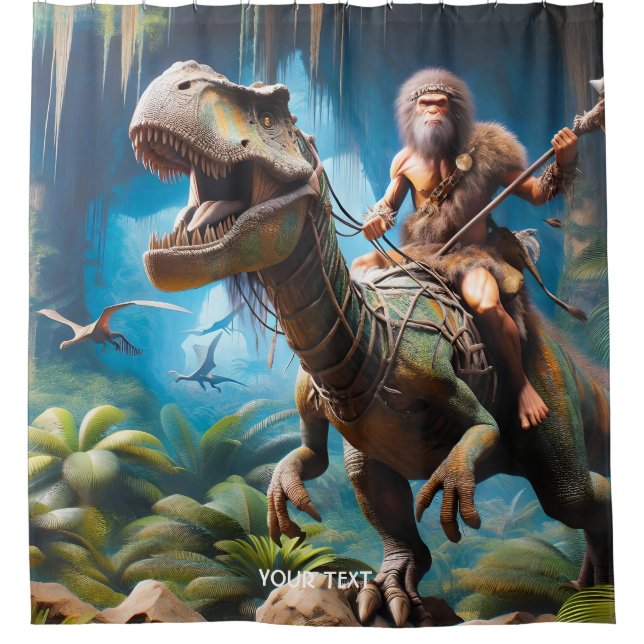 Fantasy Niedlich Neanderthal Riding Dinosaurier Duschvorhang (Vorderseite)