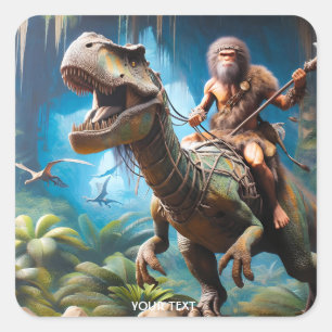 Fantasy Niedlich Neanderthal Riding Dinosaurier Quadratischer Aufkleber