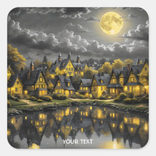 Fantasy Niedlich Night Lake Moon Quadratischer Aufkleber