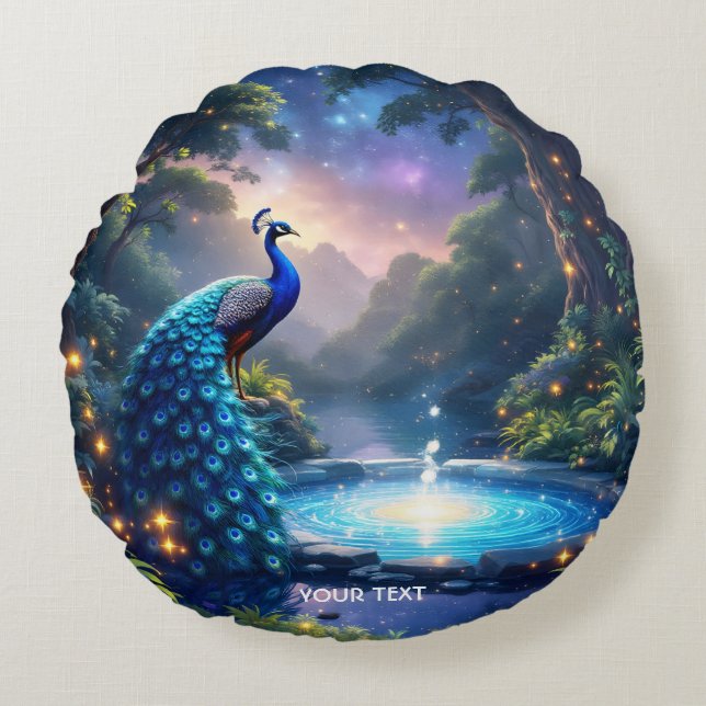 Fantasy Niedlich Night Puddle Peacock Rundes Kissen (Vorderseite)