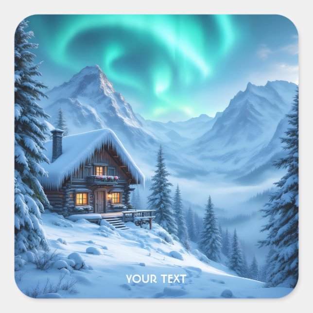 Fantasy Niedlich North Winterhütte Quadratischer Aufkleber (Vorderseite)