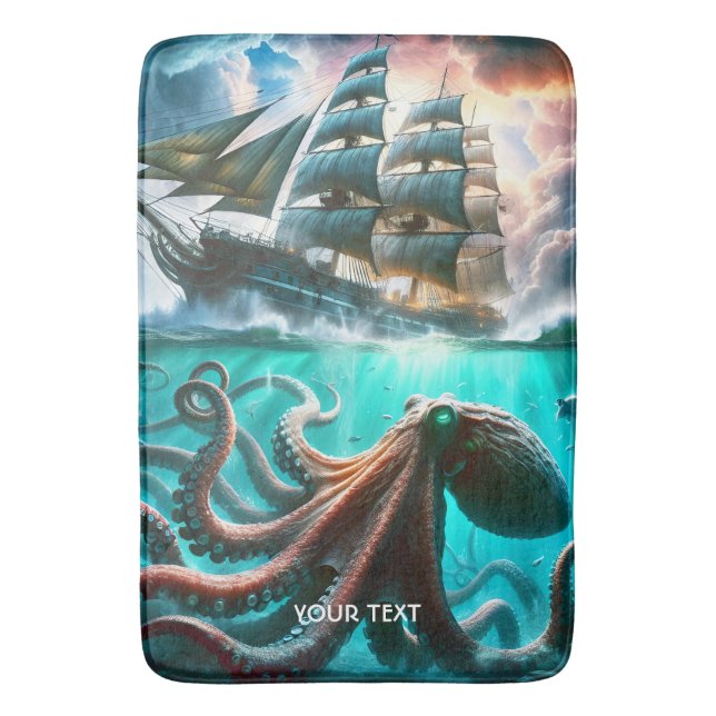 Fantasy Niedlich Octopus Segelschiff Badematte (Vorderseite Vertikal)