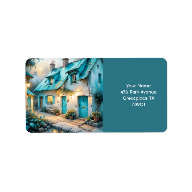Fantasy Niedlich Old Blue House Adressaufkleber (Vorne)