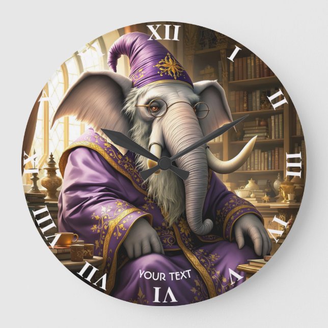 Fantasy Niedlich Old Elephant Wizard Große Wanduhr (Vorderseite)