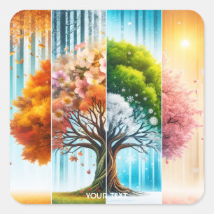 Fantasy Niedlich One Tree Seasons Quadratischer Aufkleber