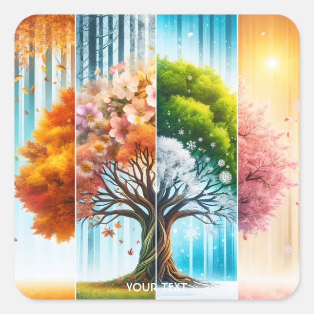 Fantasy Niedlich One Tree Seasons Quadratischer Aufkleber (Vorderseite)