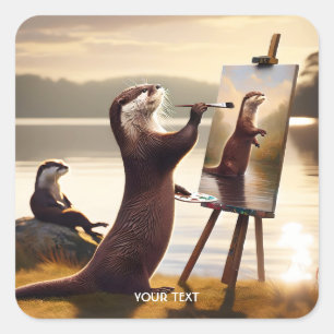 Fantasy Niedlich Otter Malerei Portrait Quadratischer Aufkleber