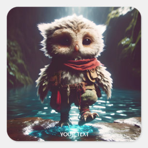 Fantasy Niedlich Owl Adventurer Wasser Quadratischer Aufkleber