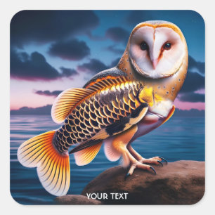 Fantasy Niedlich Owl Fish Sea Quadratischer Aufkleber
