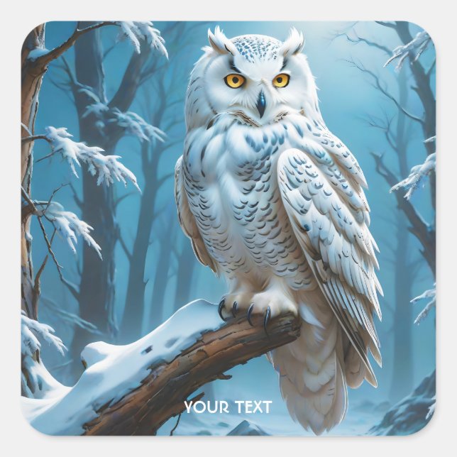 Fantasy Niedlich Owl Snow Tree Quadratischer Aufkleber (Vorderseite)