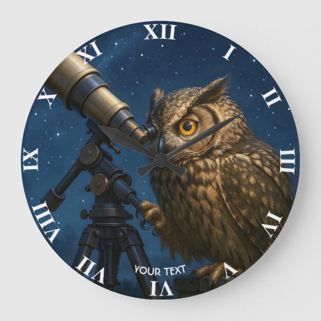 Fantasy Niedlich Owl Telescope Night Große Wanduhr (Vorderseite)