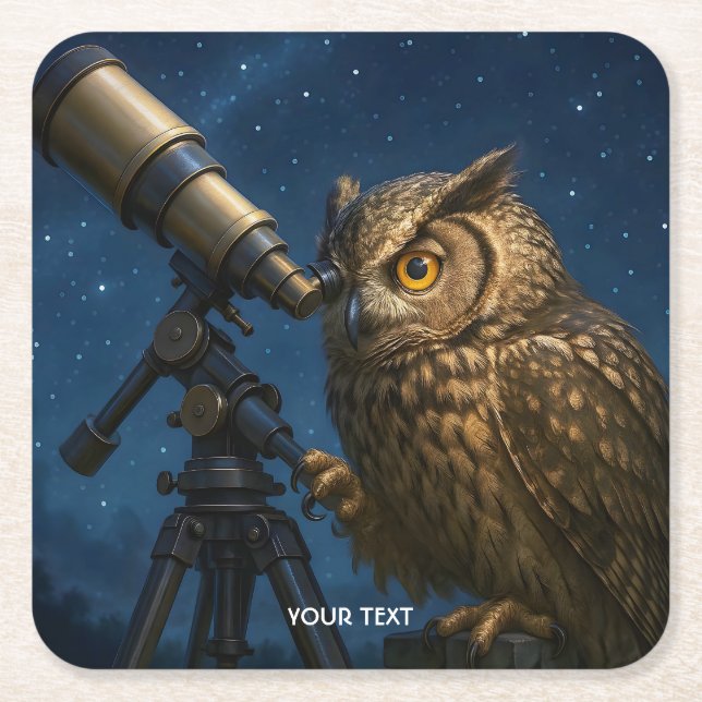 Fantasy Niedlich Owl Telescope Night Rechteckiger Pappuntersetzer (Vorderseite)