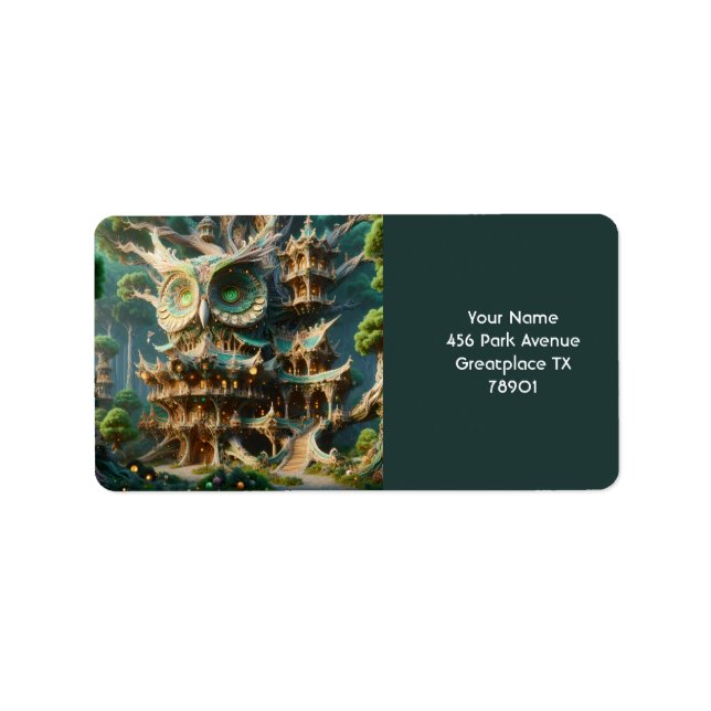 Fantasy Niedlich Owl Tree House Adressaufkleber (Vorne)