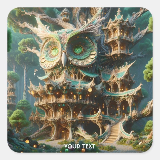 Fantasy Niedlich Owl Tree House Quadratischer Aufkleber (Vorderseite)