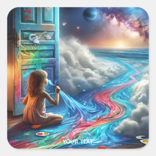 Fantasy Niedlich Painting Girl Quadratischer Aufkleber