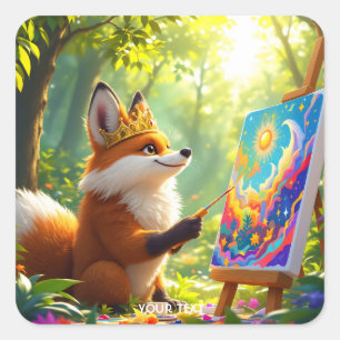 Fantasy Niedlich Painting King Fox Quadratischer Aufkleber