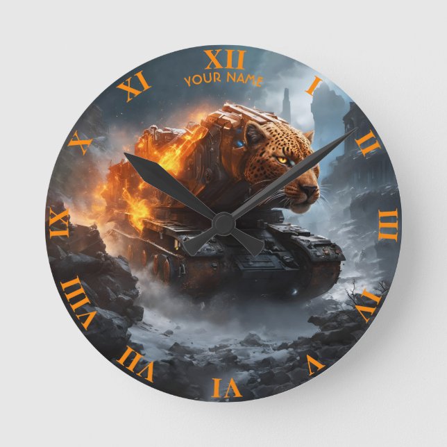 Fantasy Niedlich Panther Tank Fire Runde Wanduhr (Vorderseite)