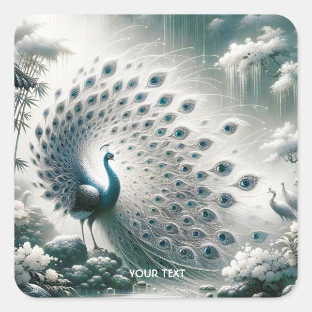 Fantasy Niedlich Peacock Rain Tree Quadratischer Aufkleber (Vorderseite)