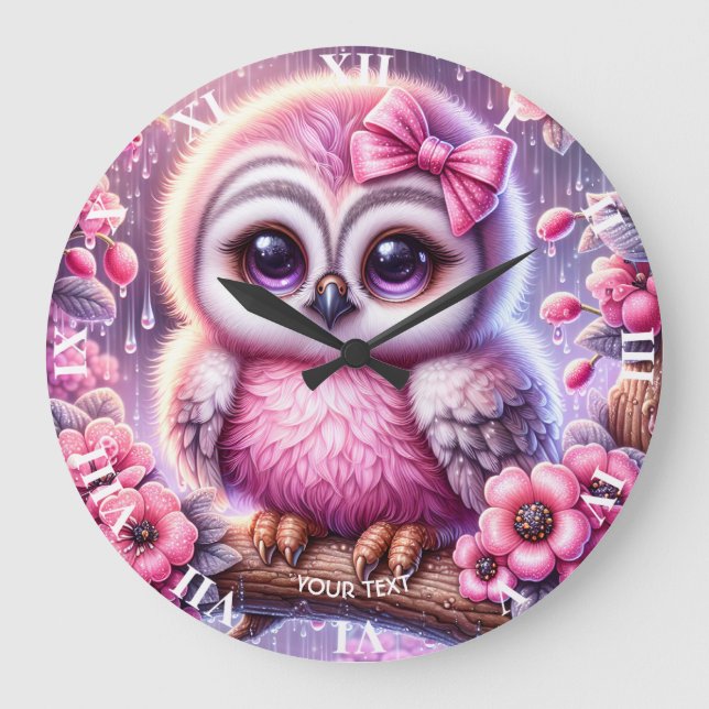 Fantasy Niedlich Pink Owl Sakura Große Wanduhr (Vorderseite)