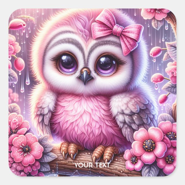 Fantasy Niedlich Pink Owl Sakura Quadratischer Aufkleber (Vorderseite)