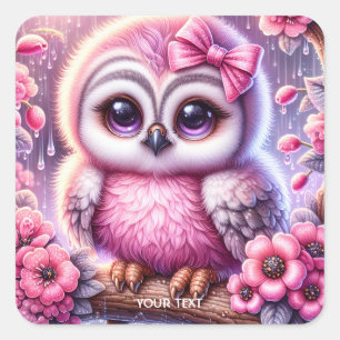 Fantasy Niedlich Pink Owl Sakura Quadratischer Aufkleber
