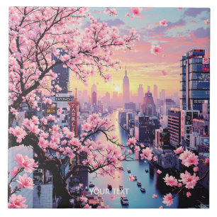 Fantasy Niedlich Pink Sakura Stadt Fliese