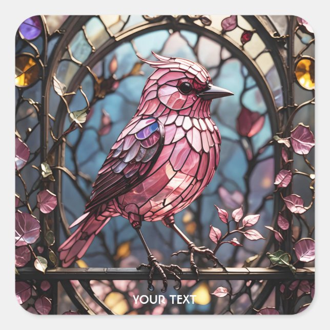 Fantasy Niedlich Pink Stain Glass Bird Quadratischer Aufkleber (Vorderseite)