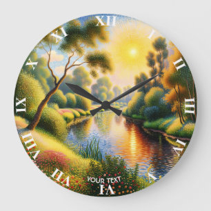 Fantasy Niedlich Pointillism Landscape River Große Wanduhr
