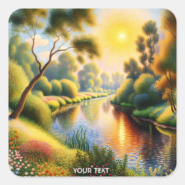 Fantasy Niedlich Pointillism Landscape River Quadratischer Aufkleber (Vorderseite)