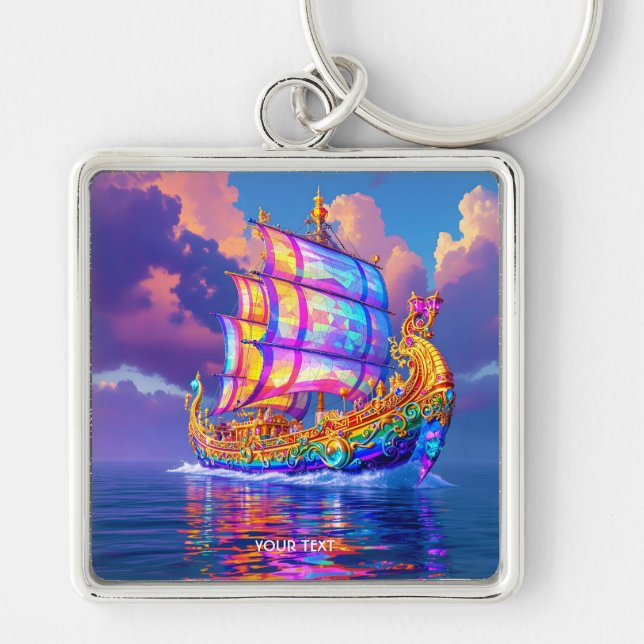Fantasy Niedlich Rainbow Colors Ship Schlüsselanhänger (Vorne)