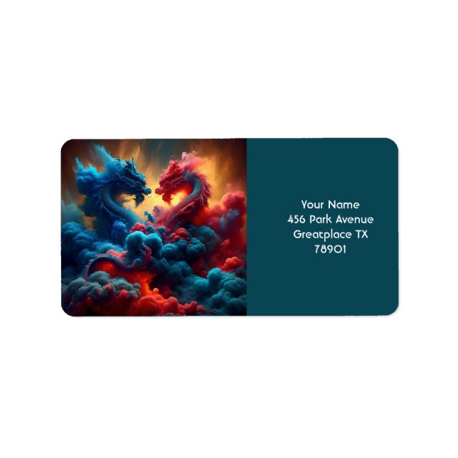 Fantasy Niedlich Red Blue Dragons Adressaufkleber (Vorne)