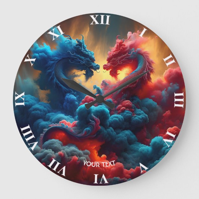 Fantasy Niedlich Red Blue Dragons Große Wanduhr (Vorderseite)