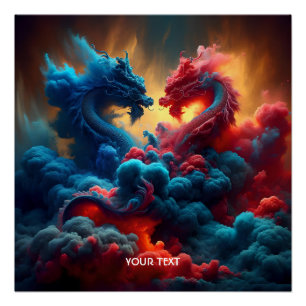 Fantasy Niedlich Red Blue Dragons Poster