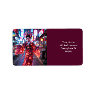 Fantasy Niedlich Red Cyber Kimono Adressaufkleber