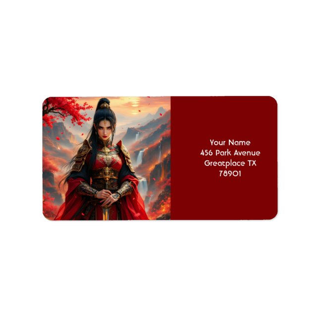 Fantasy Niedlich Red Female Samurai Adressaufkleber (Vorne)