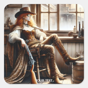 Fantasy Niedlich Red Hair Cowgirl Quadratischer Aufkleber